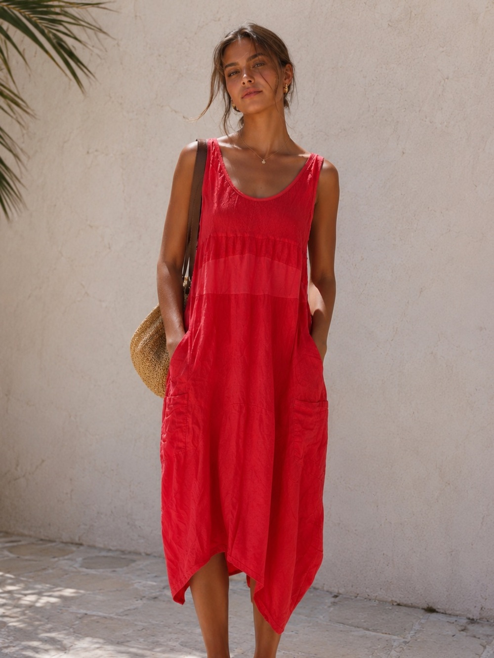 Sundance Linen Resort Midi Dress | Coral Lagenlook Boho Pocket Coastal Luxury S